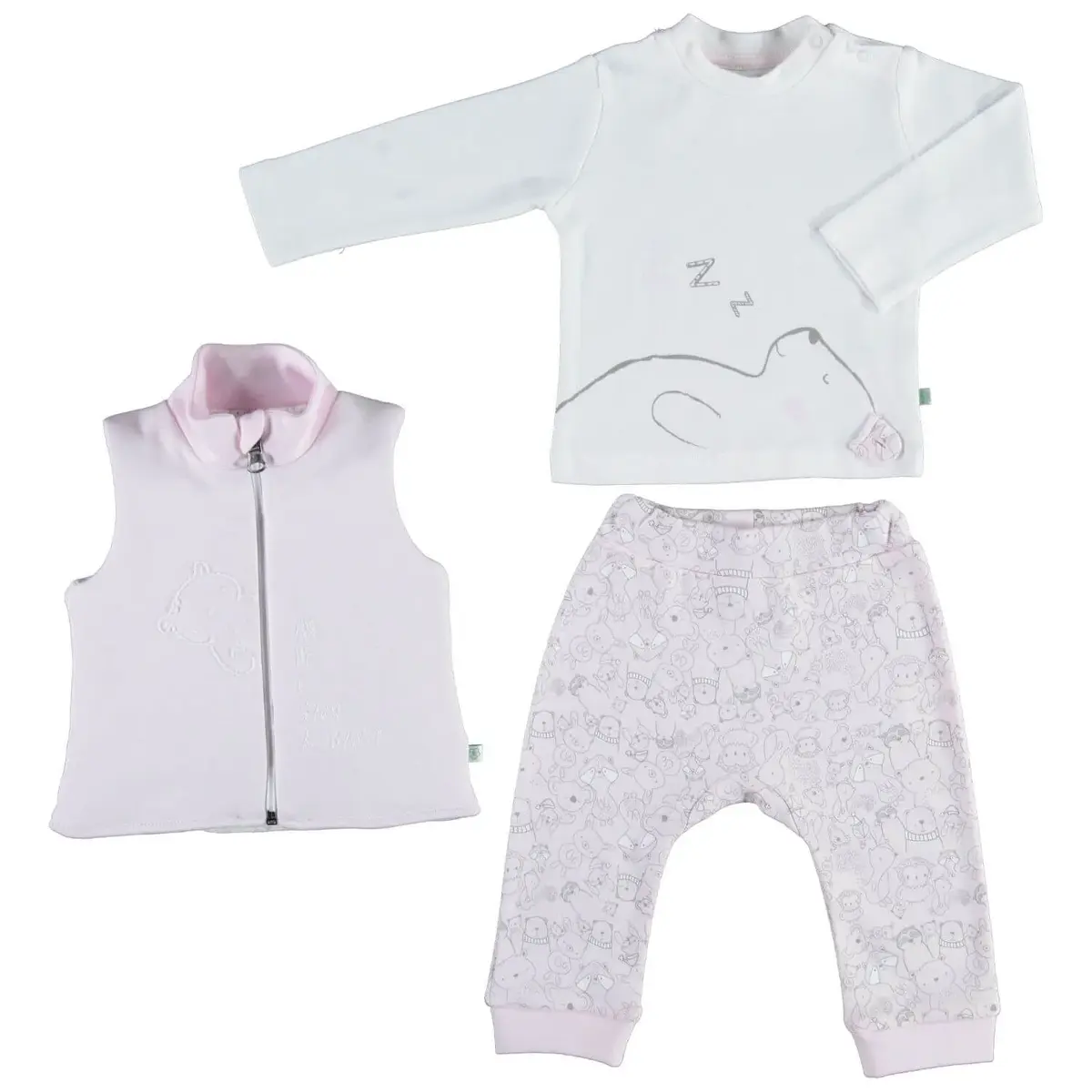 Bibaby Organik 3lü Takım Lady Animals Ekru - Pembe