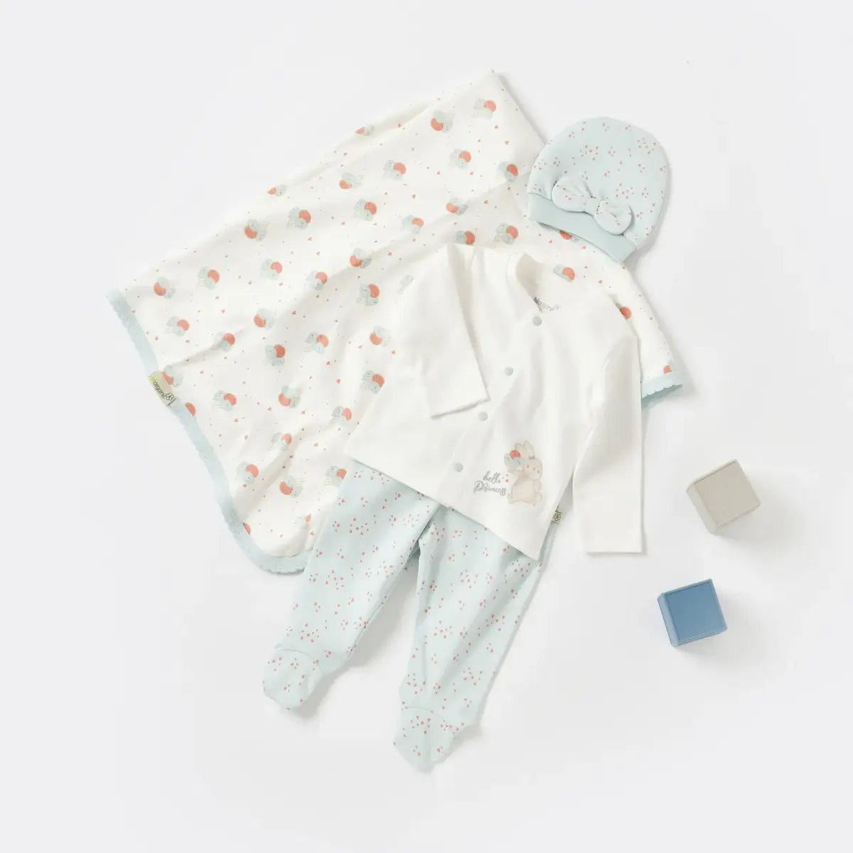 Bibaby Organik Zıbın Takımı Battaniyeli Tüllü Pretty Ears Bunny Mint - Ekru