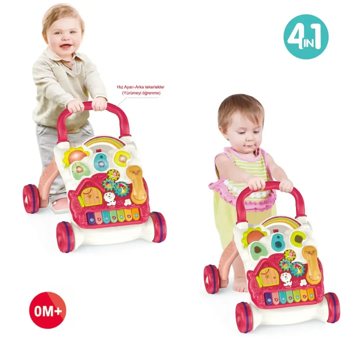 Vardem Piyanolu 4in1 Turkuaz Bebek Yürüteci Pembe Renk