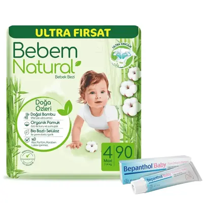 Bebem Natural Bebek Bezi 4 Beden Maxi 7-14 Kg 90lı Ult.Fır.+Bepanthol Baby Pişik Merhemi 100 gr