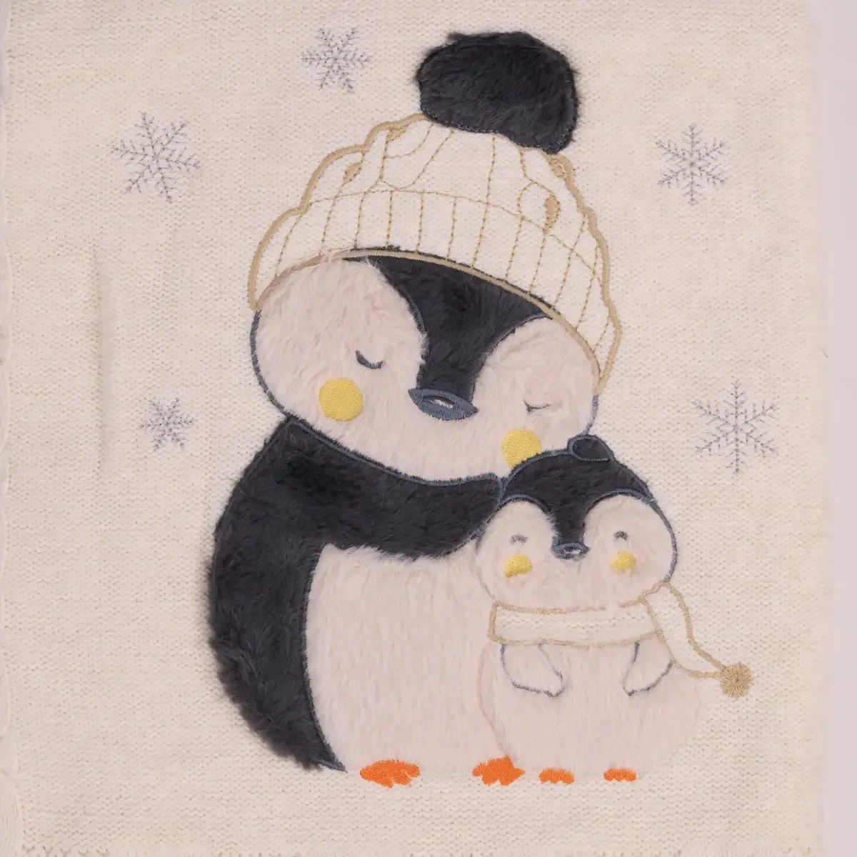 Mini Damla Battaniye Triko Penguen Nakışlı 80x100cm Ekru