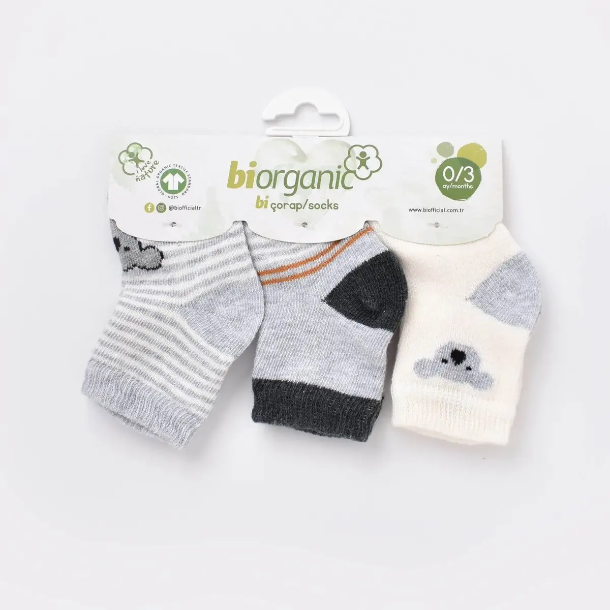 Bibaby Organik Çorap Soket 3lü Koala Gri