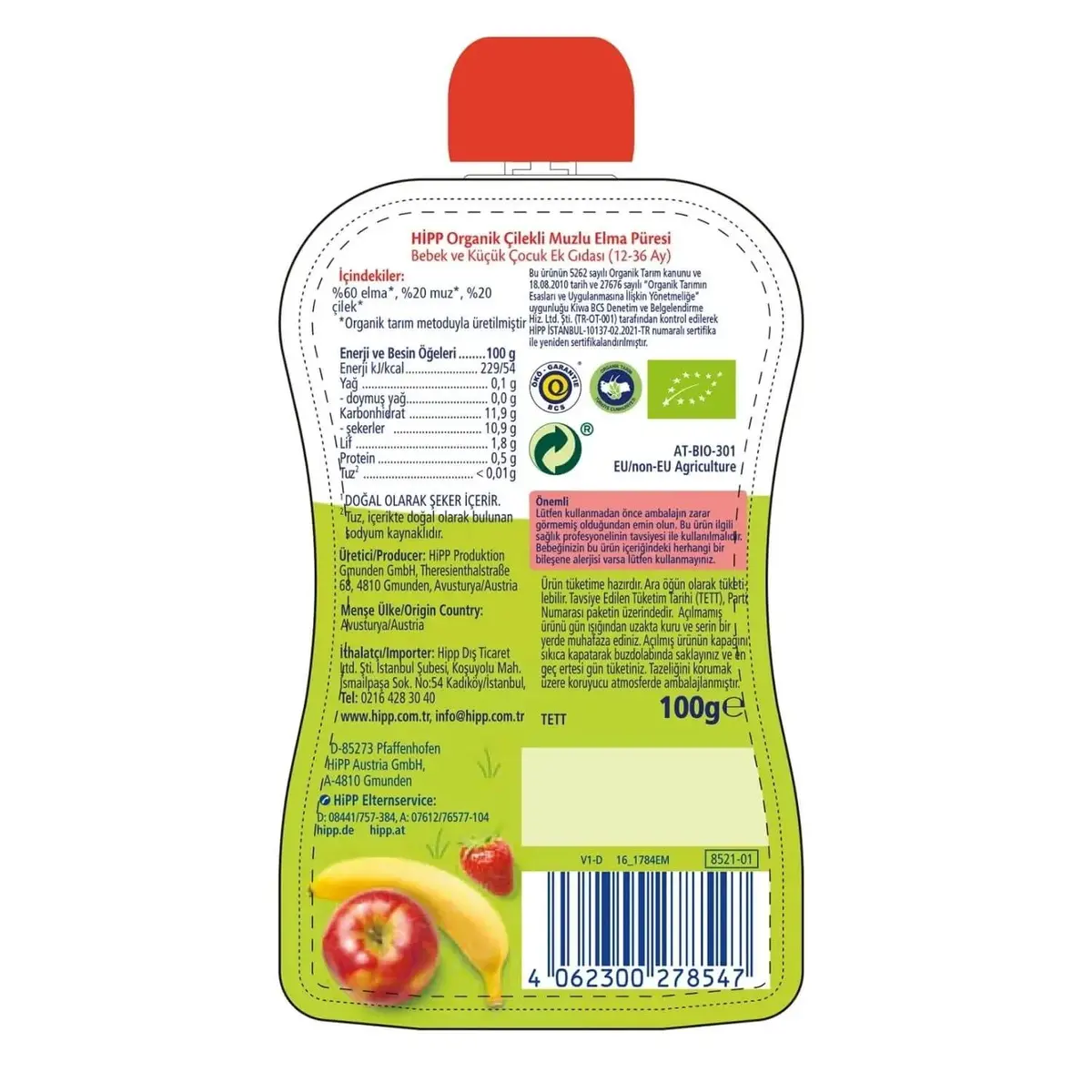 Hipp Organik Muzlu Elmalı Armut Püresi 100 gr
