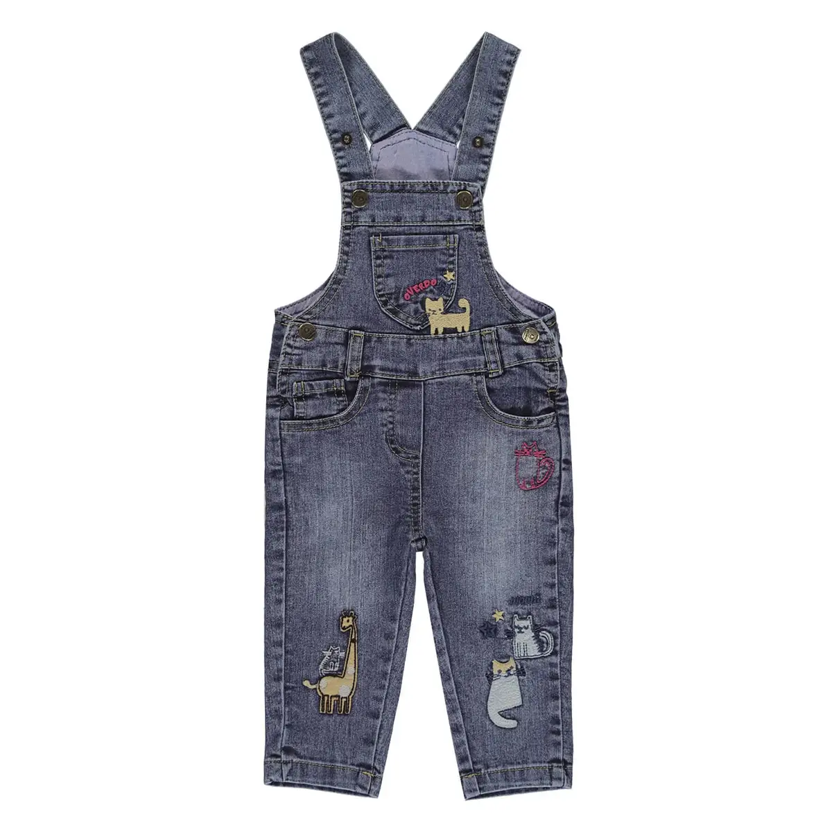 Overdo Salopet Kedi Nakışlı Mavi Denim