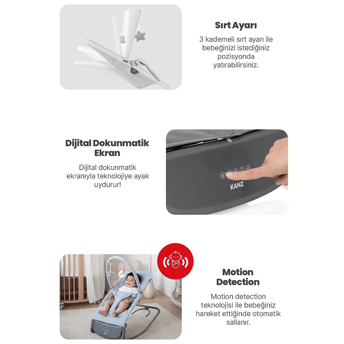 Kanz Robin Elektrikli Pilli Ana Kucağı Grey Green
