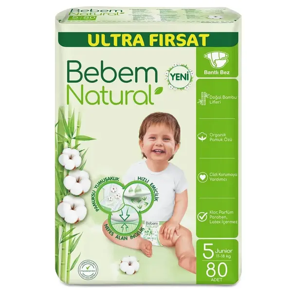 Bebem Natural Bebek Bezi 5 Beden Junior 11-18 Kg 80li Ultra Fırsat