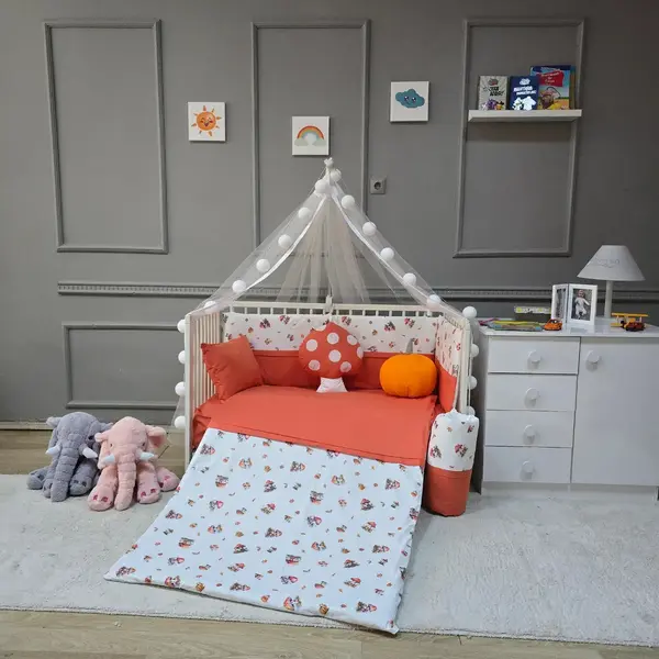 Yuar Baby Yan Duvarlı Beşik Uyku Seti Turuncu Mantar
