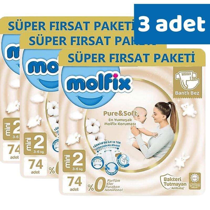 Molfix Pure&Soft Bebek Bezi 2 Beden Mini 74lü Süper Fırsat Paketi x3