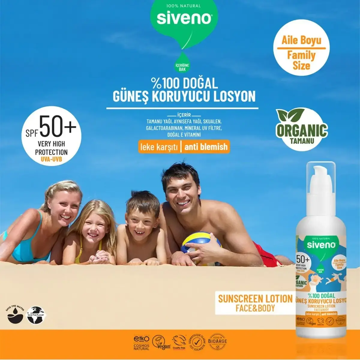 Siveno %100 Doğal Tüm Aile İçin Güneş Losyonu 50 SPF 100ml