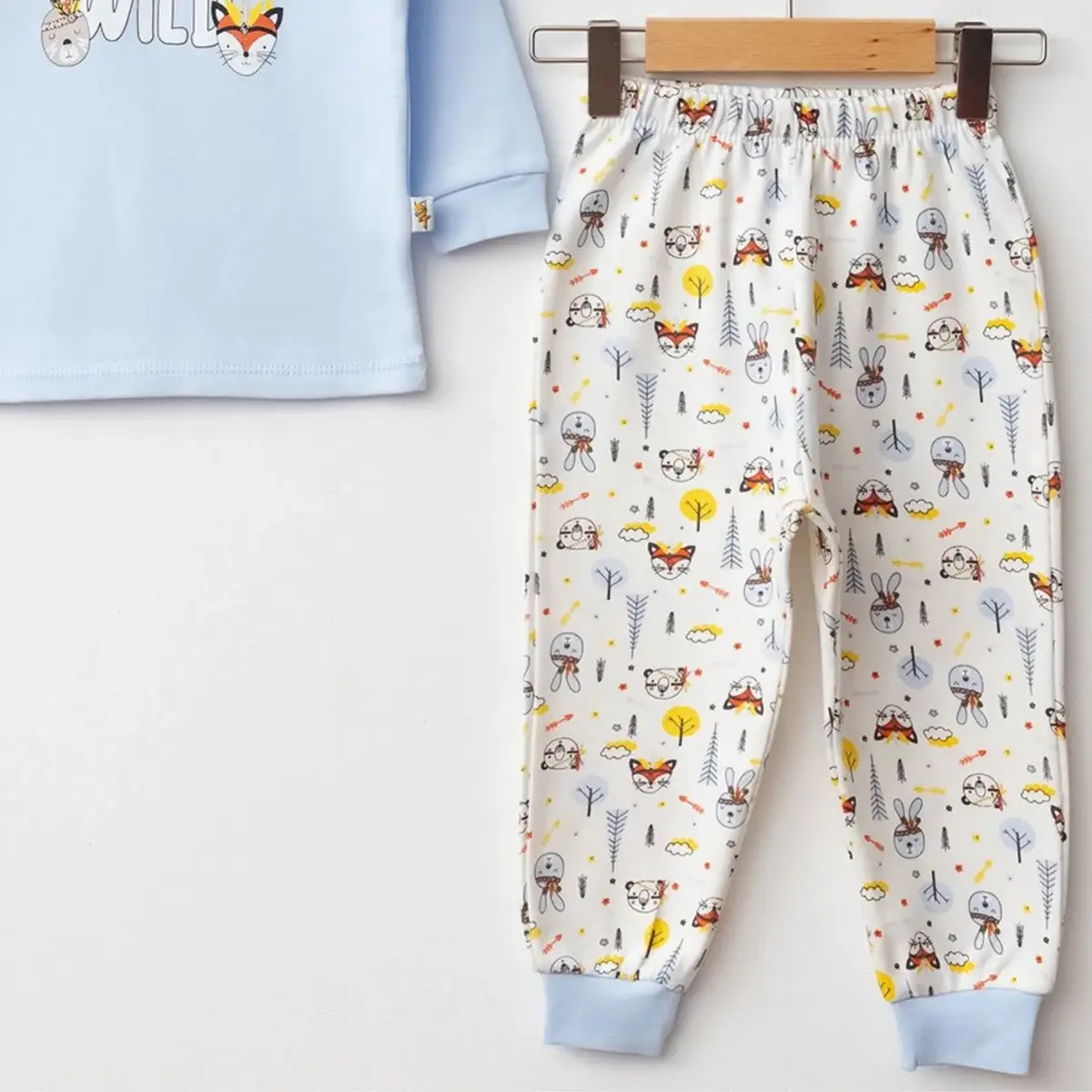 Mini Damla Pijama Takımı Penye Tilki Tavşan Emprime Mavi