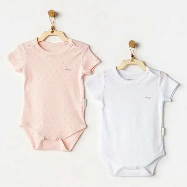 Andy Wawa Body Kısa Kol 2li Jakarlı Basic Pembe - Beyaz