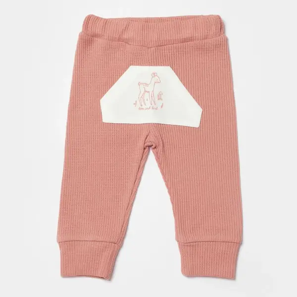 Bibaby Organik Pantolon Waffle Deer And Bird Ekru - Rose