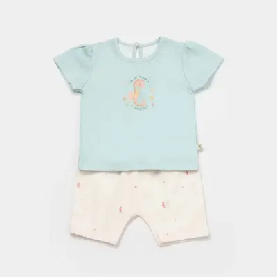 Bibaby Organik 2li Takım Şortlu Save The Seahorse Bej - Mint