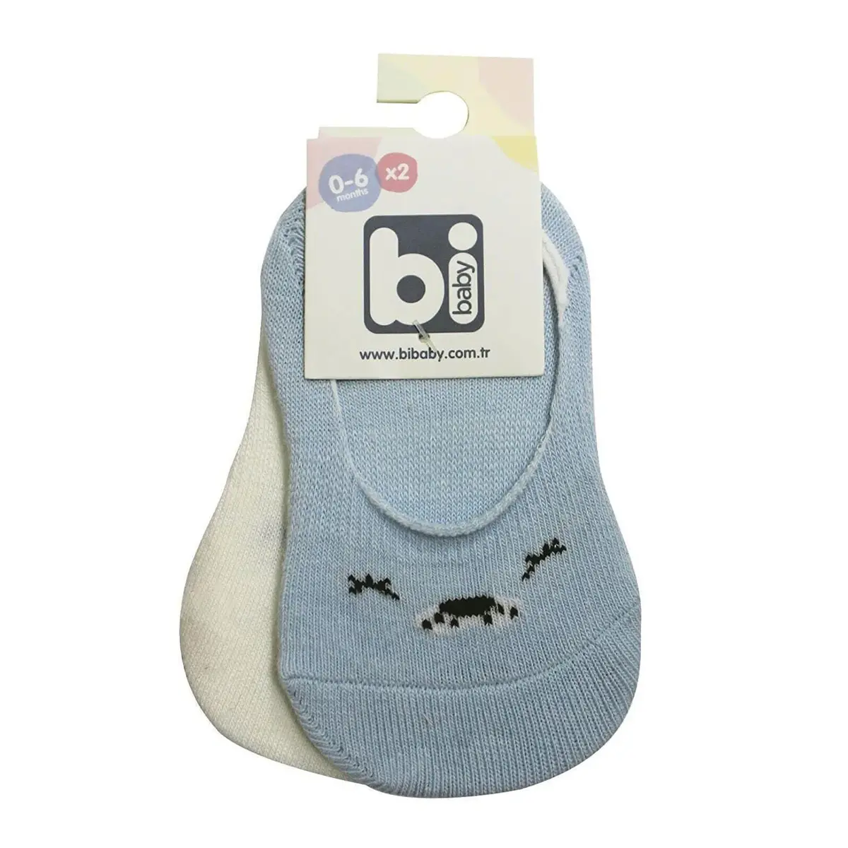 Bibaby Babet Çorap 2li Cute Face Mavi - Ekru Bibaby Babet Çorap 2li Cute Face Mavi - Ekru