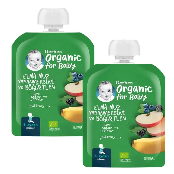 Gerber Organik Elmalı Muzlu Yabanmersinli Böğürtlenli Meyve Püresi 90 gr*2