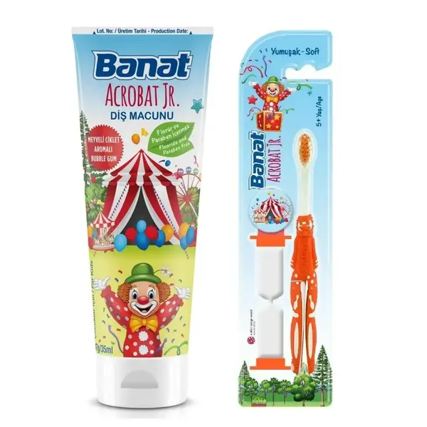 Banat Acrobat Jr Çocuk Diş Macunu 35 ml,Çocuk Diş Fırçası Kum Saatli Soft Acrobat Jr. 5+ Yaş