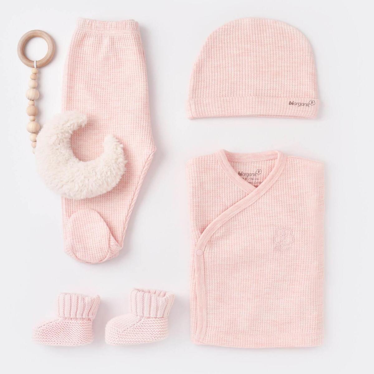 Bibaby Organik Zıbın Takımı 3lü Nature In Waffle Pembe Melanj