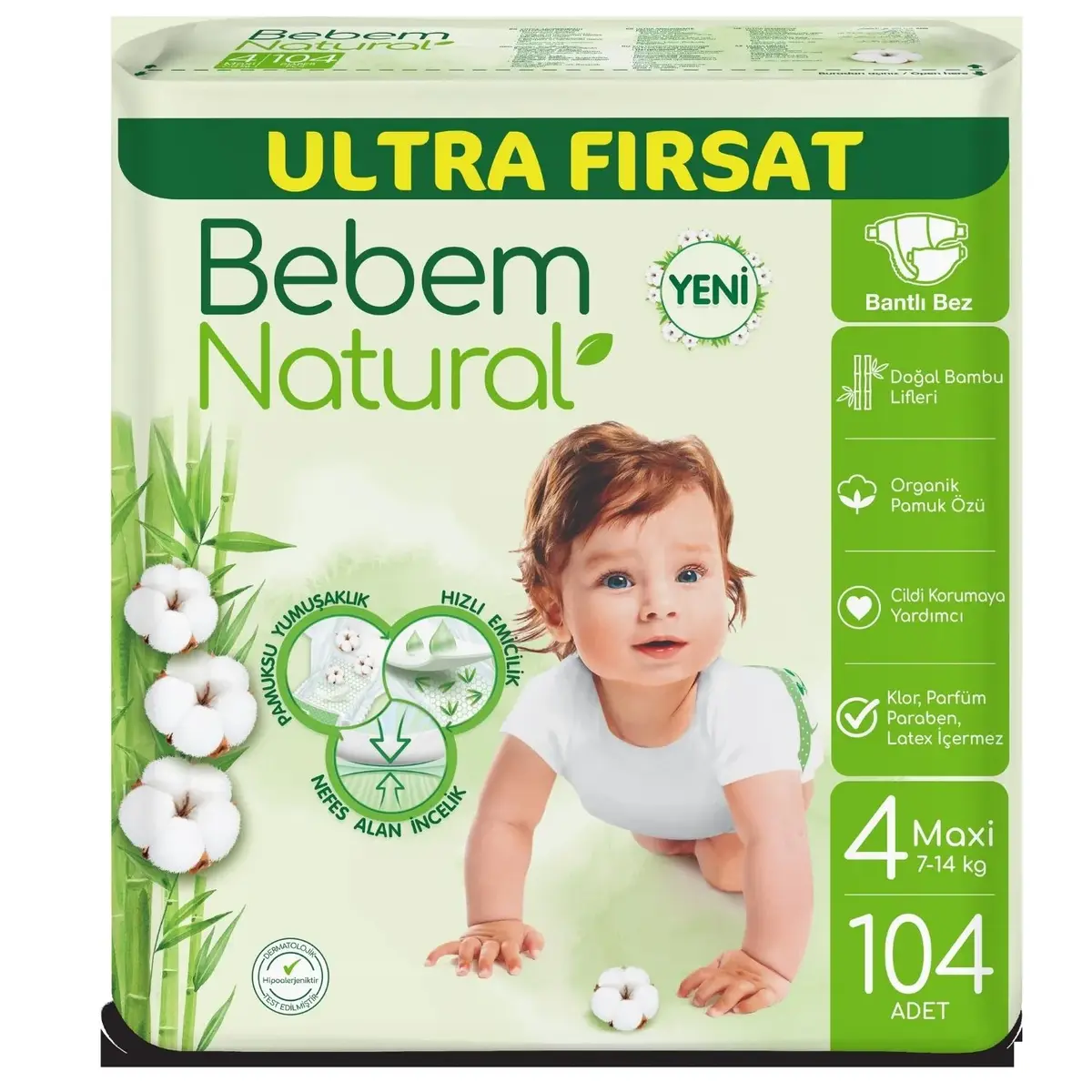 Bebem Natural Bebek Bezi 4 Beden Maxi 7-14 Kg 104lü Ultra Fırsat