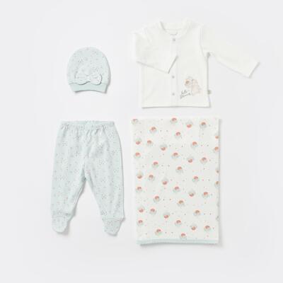 Bibaby Organik Zıbın Takımı Battaniyeli Tüllü Pretty Ears Bunny Mint - Ekru