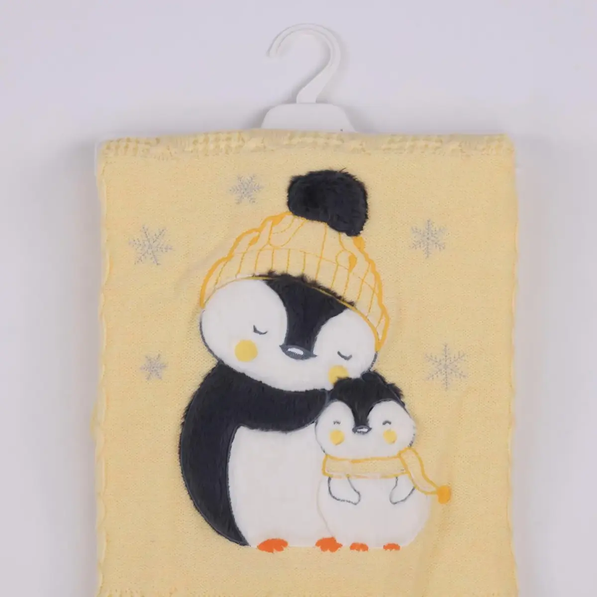 Mini Damla Battaniye Triko Penguen Nakışlı Sarı