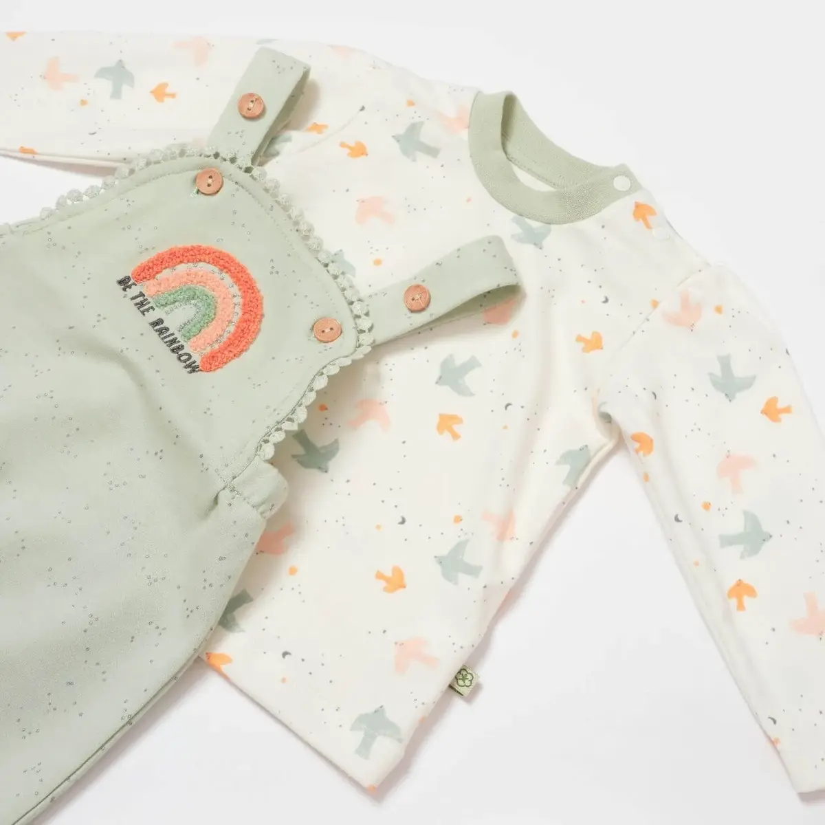 Bibaby Organik Salopet Tulum Tiny Birds Ekru - Yeşil