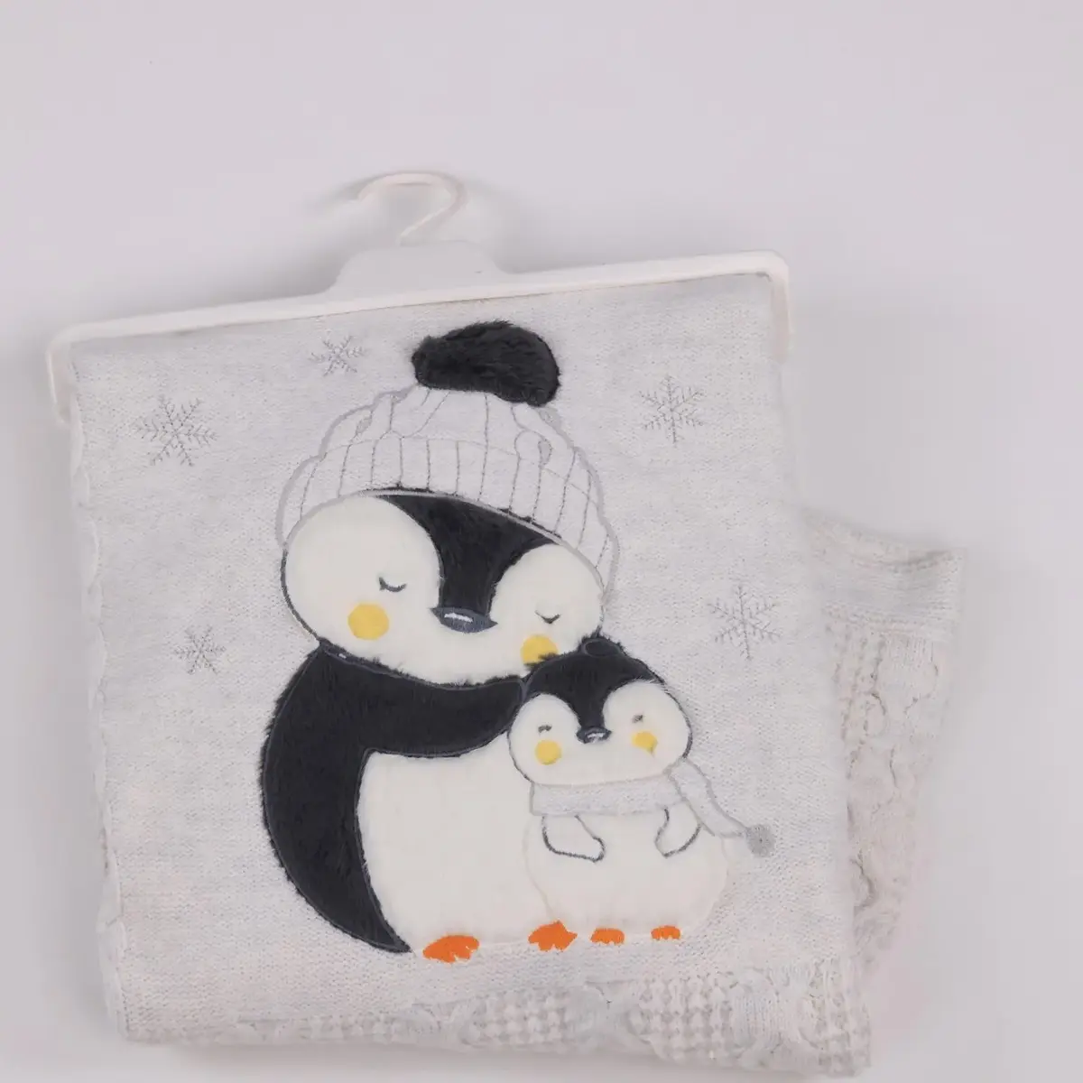 Mini Damla Battaniye Triko Penguen Nakışlı Gri