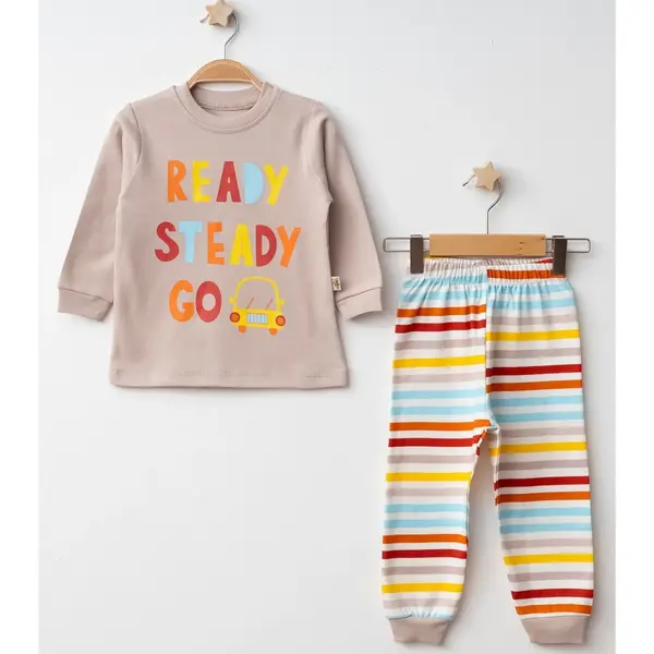 Mini Damla Pijama Takımı Penye Çizgili Kahverengi