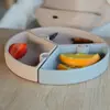 Oioi Puzzle Vakumlu Mama Tabağı+Nam Nam Mama Kaşığı Woody Brown-Powder Grey