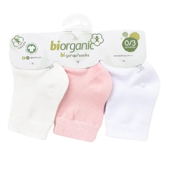 Bibaby Organik Çorap Soket 3lü Basic Pembe - Beyaz