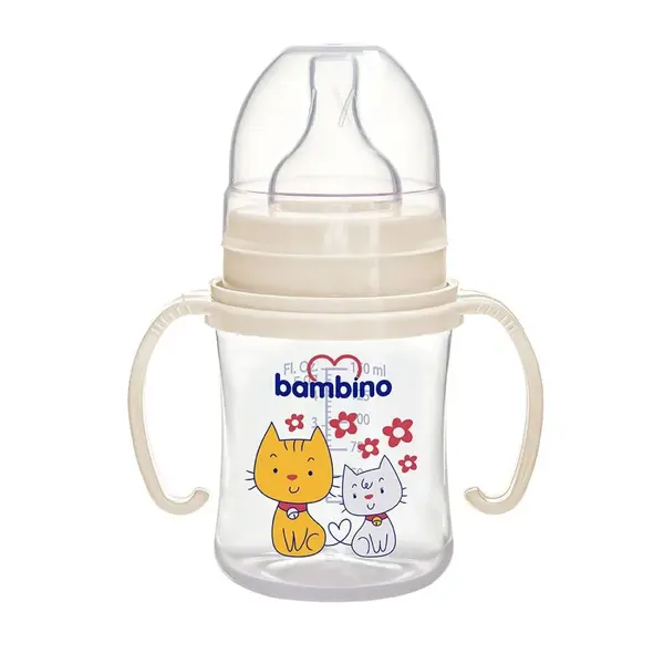 Bambino Silikon Emzikli Geniş Ağızlı Kulplu PP Biberon 150 ml Kedi