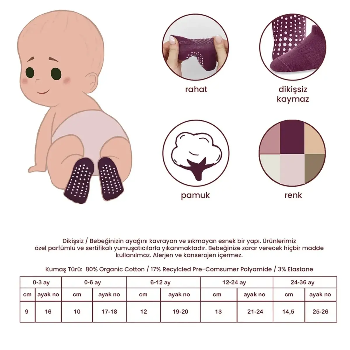 Bibaby Çorap Sneakers Bistyle 6lı Kaymaz Penye Gül Kurusu