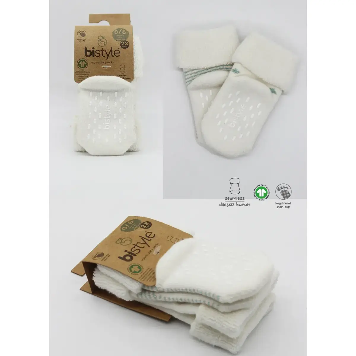 Bistyle Organik Çorap Soket Havlu 2li Kaymaz Çemberli Kıvrık Puanlı  Bej - Ekru