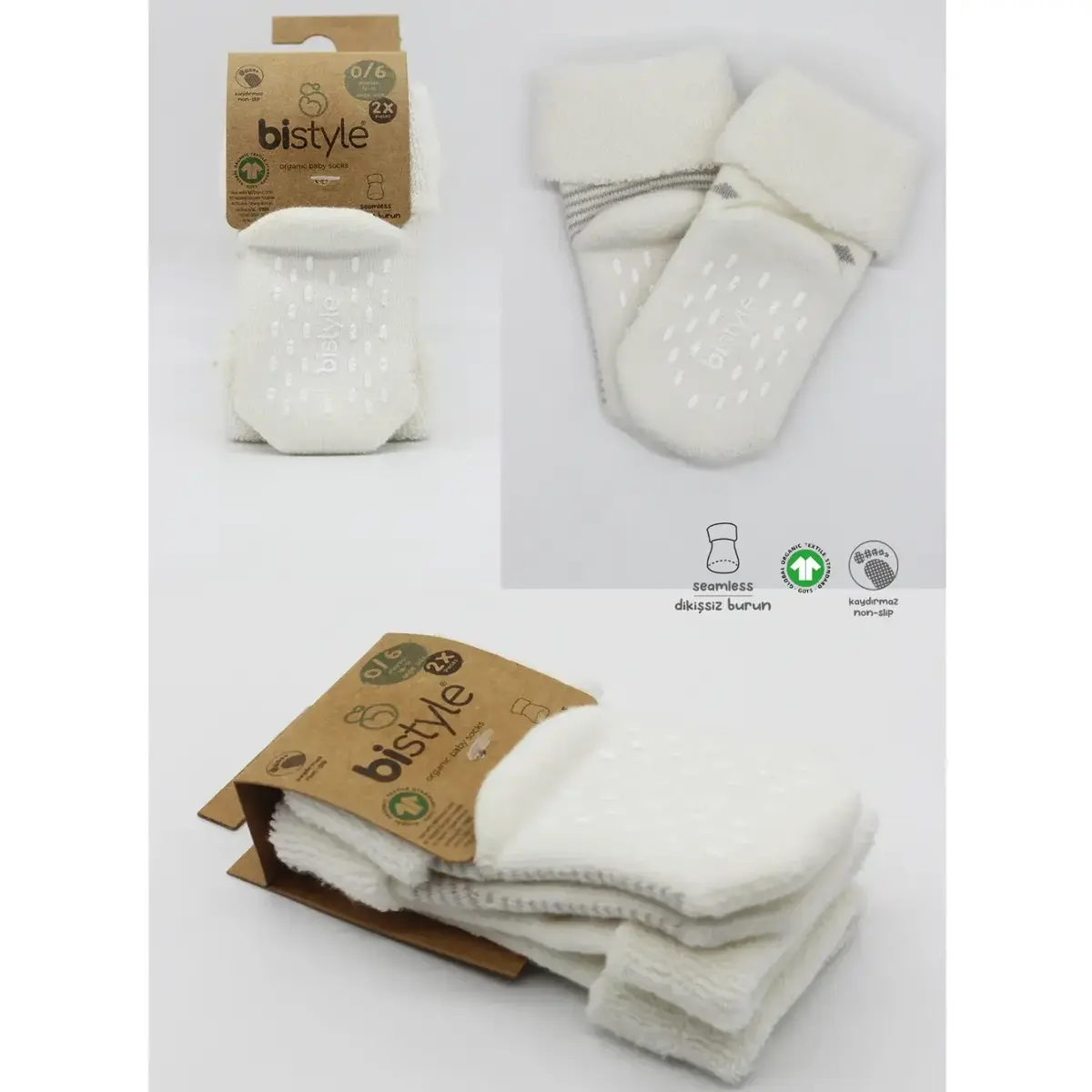 Bistyle Organik Çorap Soket Havlu 2li Kaymaz Çemberli Kıvrık Puanlı  Gri - Ekru