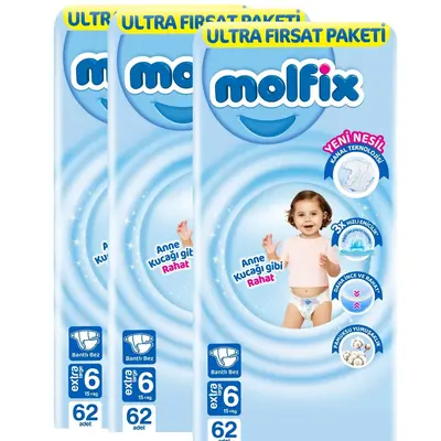 Molfix Bebek Bezi 3D 6 Beden Extra Large 15+ Kg 62li Ultra Fırsat Paketi x3