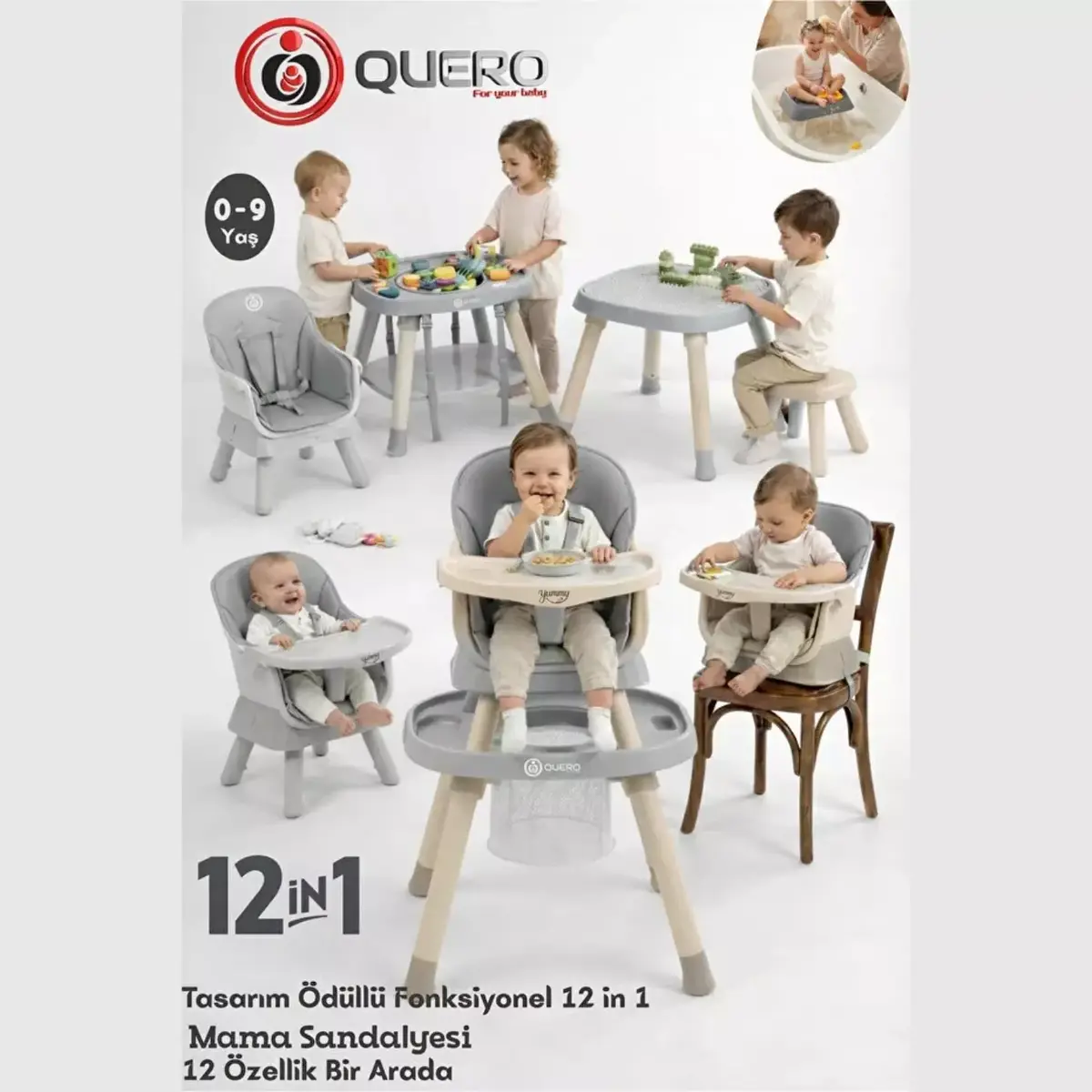Quero Yummy 12 in 1 Fonksiyonel Mama Sandalyesi Gri