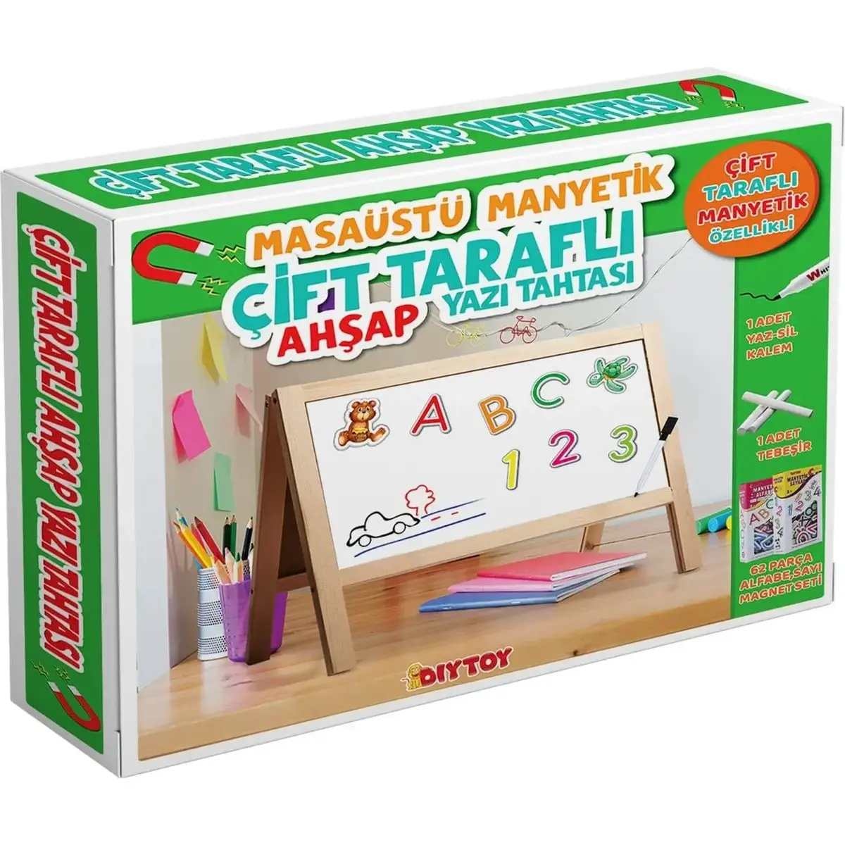 Manyetik Çift Taraflı Masaüstü Ahşap Yazı Tahtası Magnetli 62 Parça