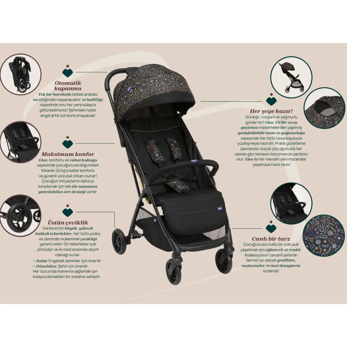 Chicco Glee Kabin Bebek Arabası Playful Black