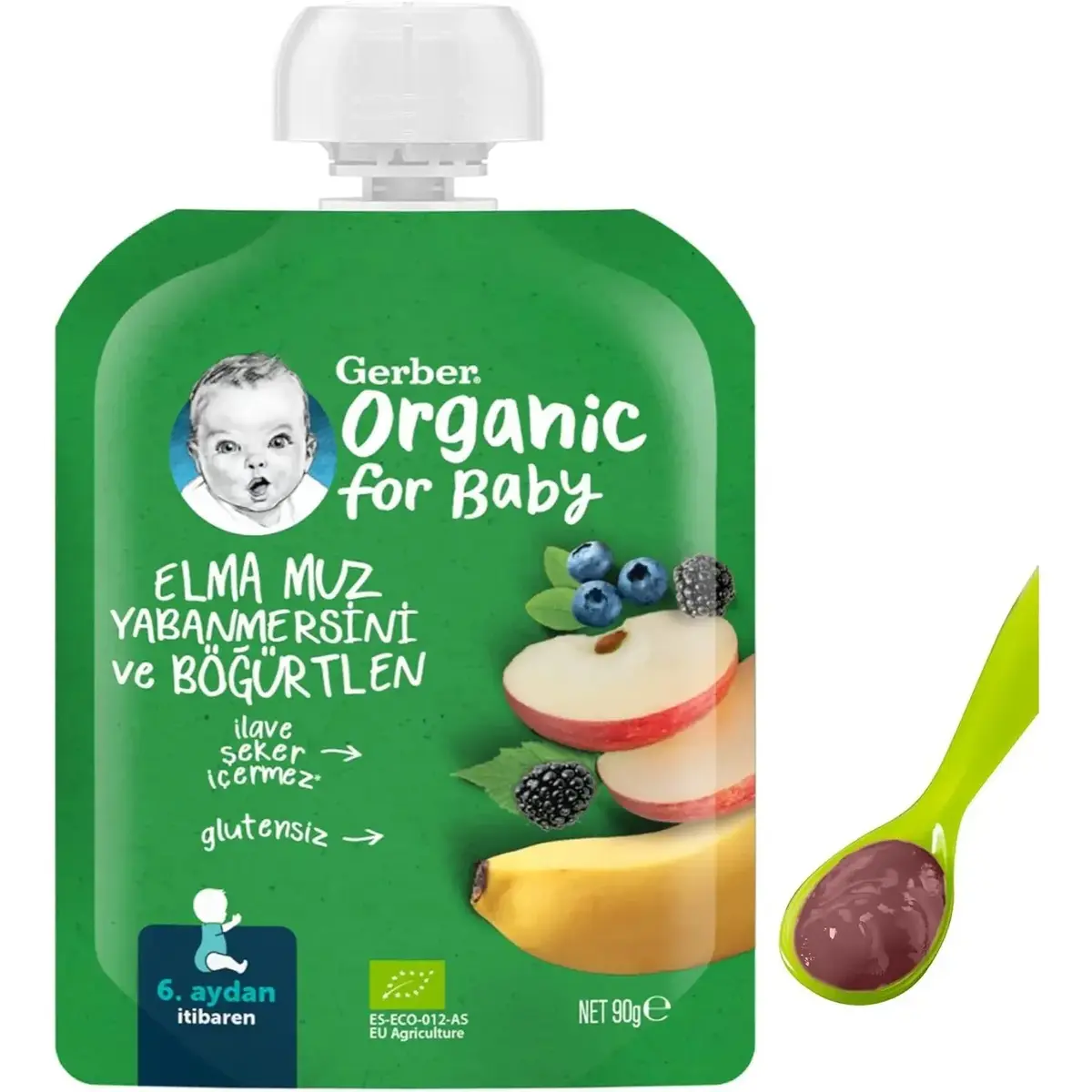 Gerber Organik Elmalı Muzlu Yabanmersinli Böğürtlenli Meyve Püresi 90 gr