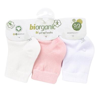 Bibaby Organik Çorap Soket 3lü Basic Pembe - Beyaz