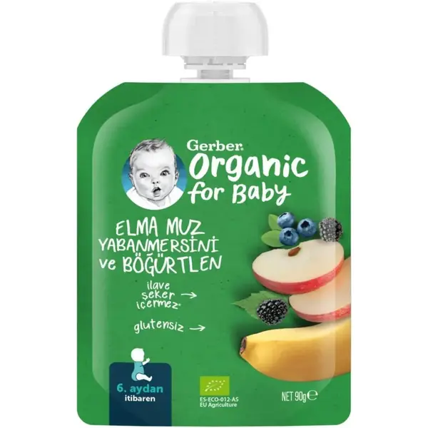 Gerber Organik Elmalı Muzlu Yabanmersinli Böğürtlenli Meyve Püresi 90 gr