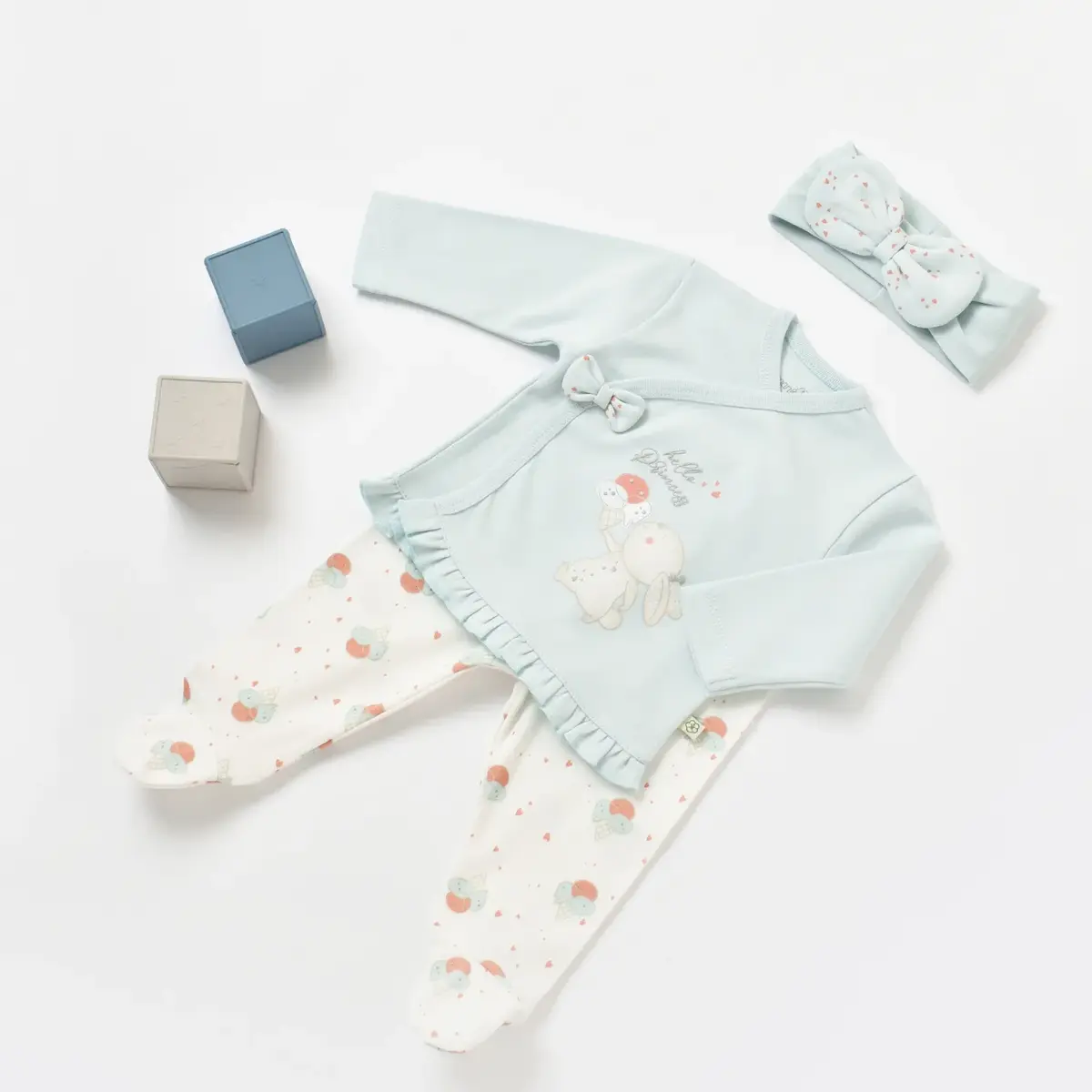 Bibaby Organik Zıbın Takımı 3lü Pretty Ears Bunny Mint - Ekru