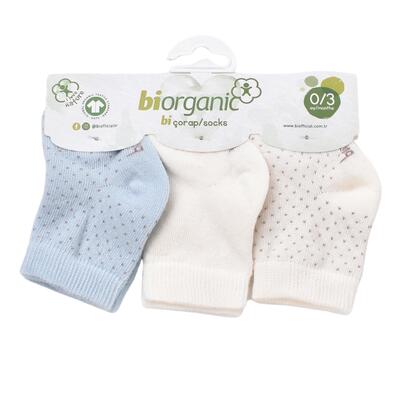 Bibaby Organik Çorap Soket 3lü Puanlı Mavi - Ekru