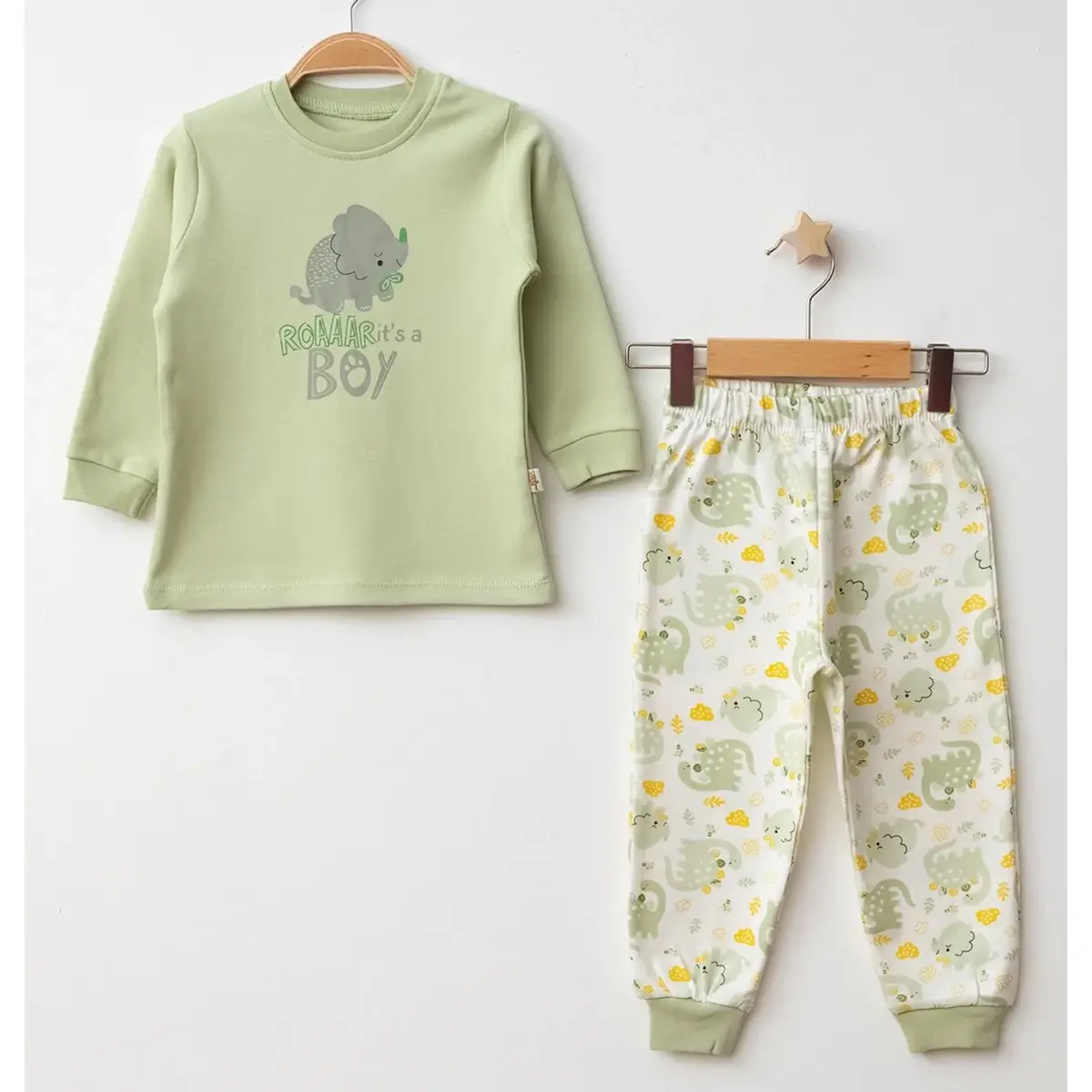 Mini Damla Pijama Takımı Penye Dinazor Emprime Yeşil