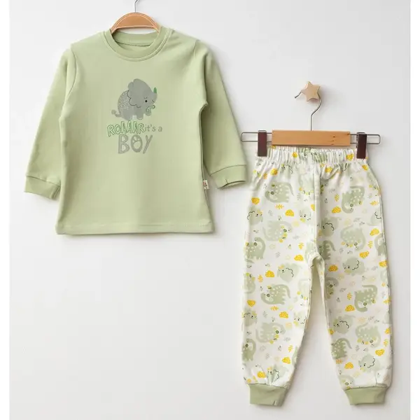 Mini Damla Pijama Takımı Penye Dinazor Emprime Yeşil