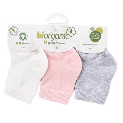 Bibaby Organik Çorap Soket 3lü Basic Pembe - Gri