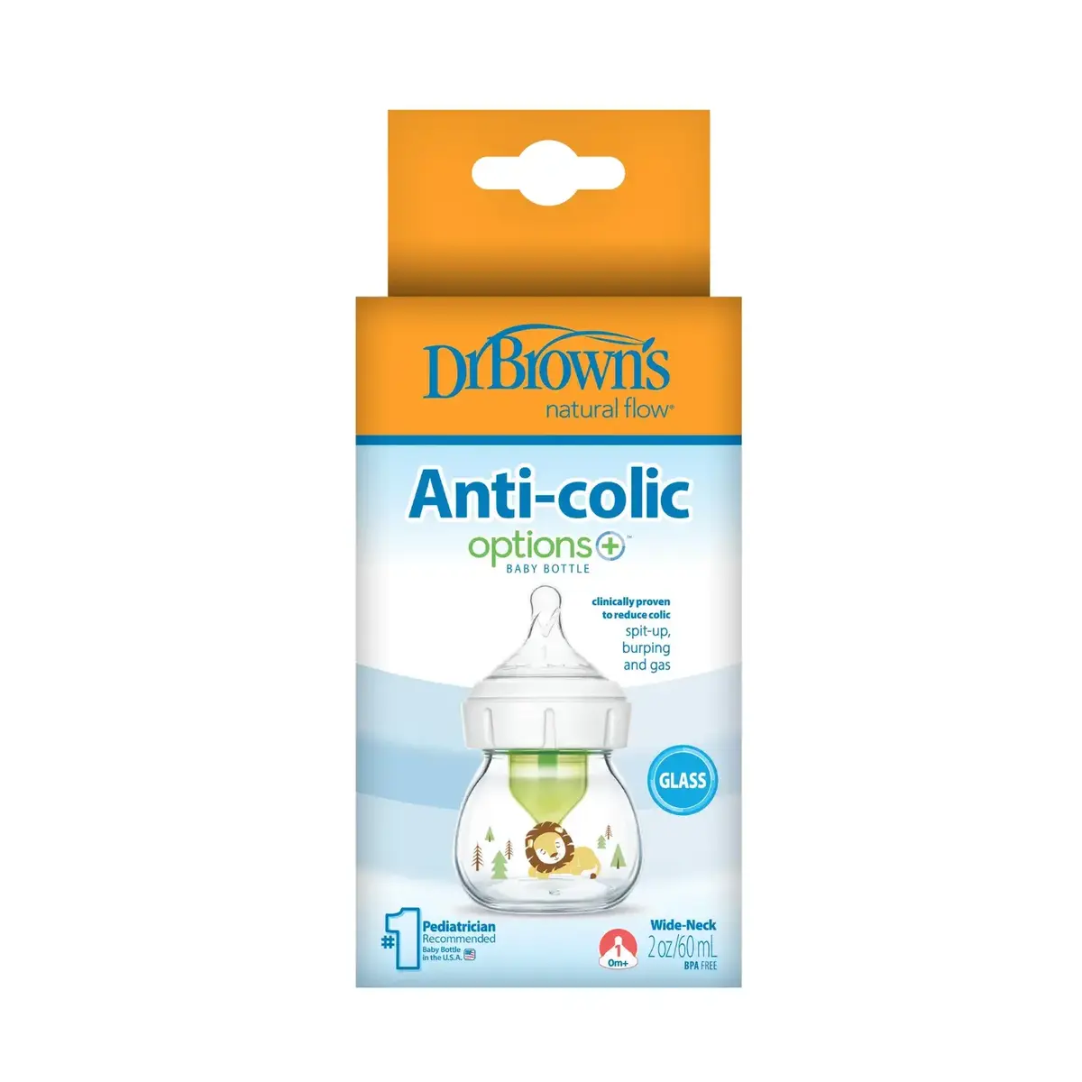 Dr Browns Geniş Ağız Anti-Kolik Options+ Desenli Cam Biberon Aslan 60 ml