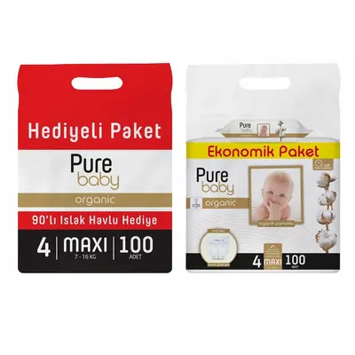 Pure Baby Organik Bebek Bezi 4 Beden Maxi 100lü Islak Mendil Hediyeli