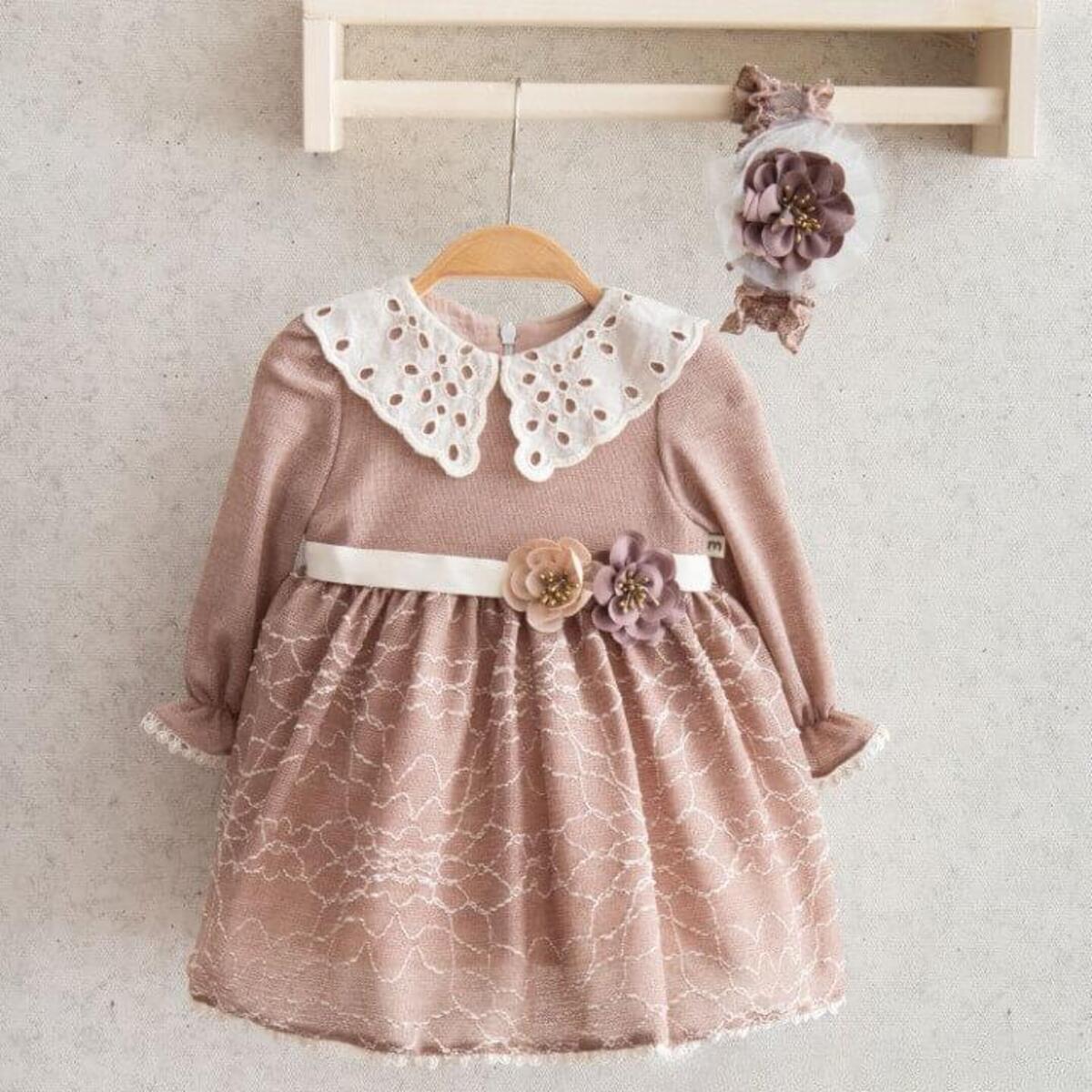 Miomini Elbise Saç Bantlı Triko Çiçek Kemerli Pudra
