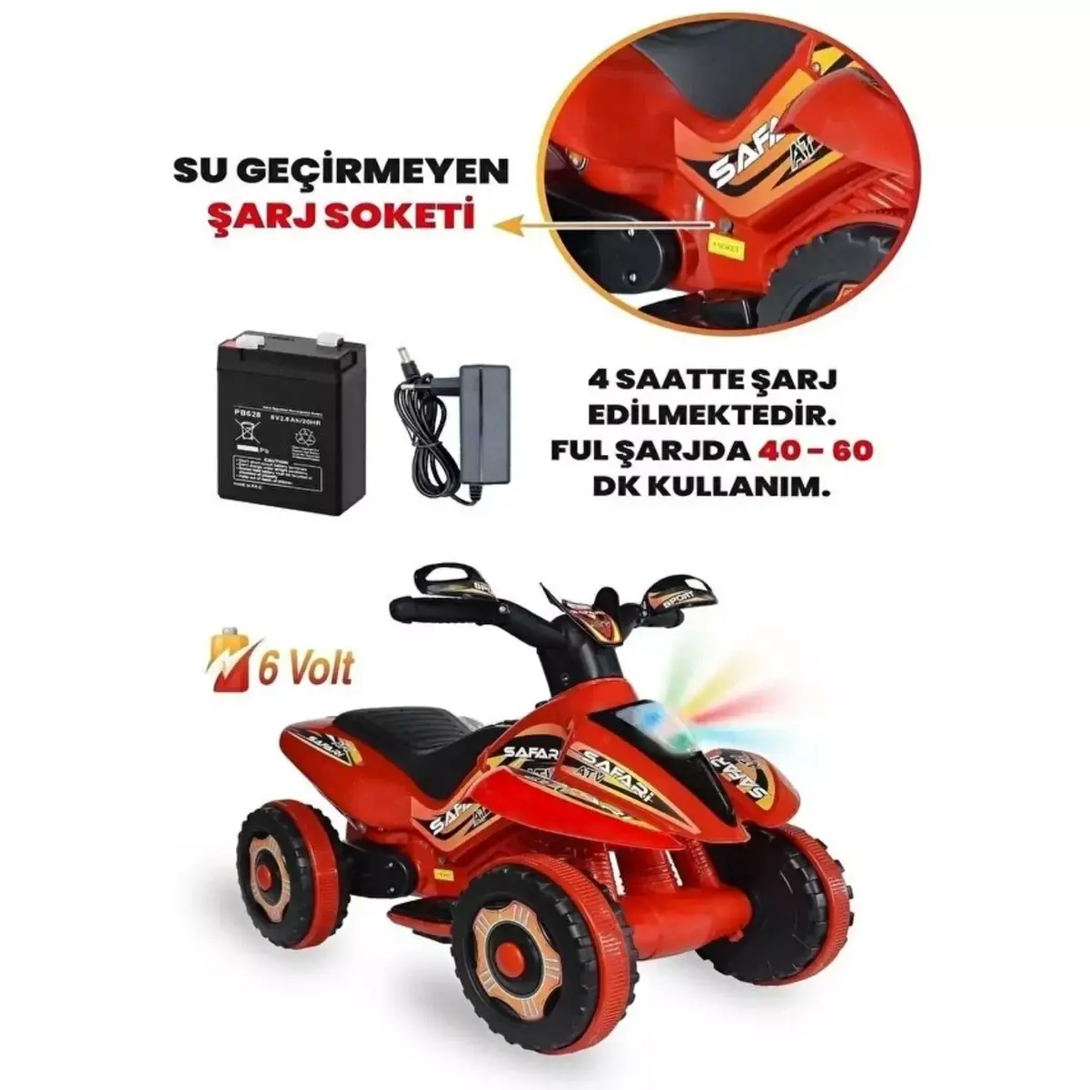 Akülü Atv Müzikli ve Led Işıklı 6V Safari Kırmızı