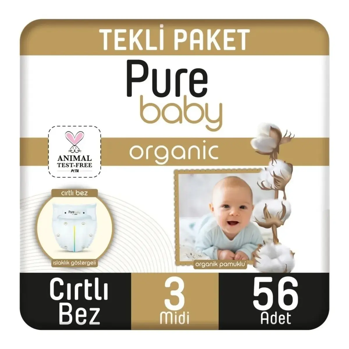 Pure Baby Pamuk Bebek Bezi 3 Beden Midi 56lı Jumbo Paket